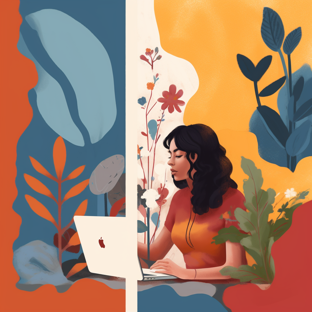 An abstract illustration showing a woman at a laptop