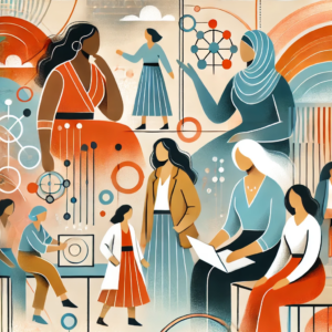 An abstract illustration showing women leading in civil society across diverse community spaces.